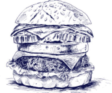 Zeichnung eines Burgers mit Sesambrötchen, Salat, Käse, Tomaten, Gurken und einem Patty.