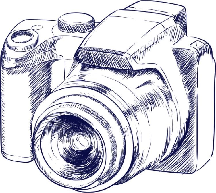 Skizze einer Kamera mit Objektiv in Blau.