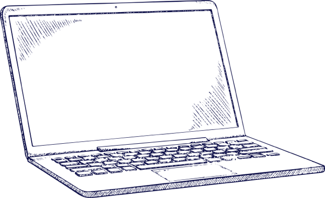 Skizze eines offenen Laptops mit sichtbarer Tastatur und Bildschirm.